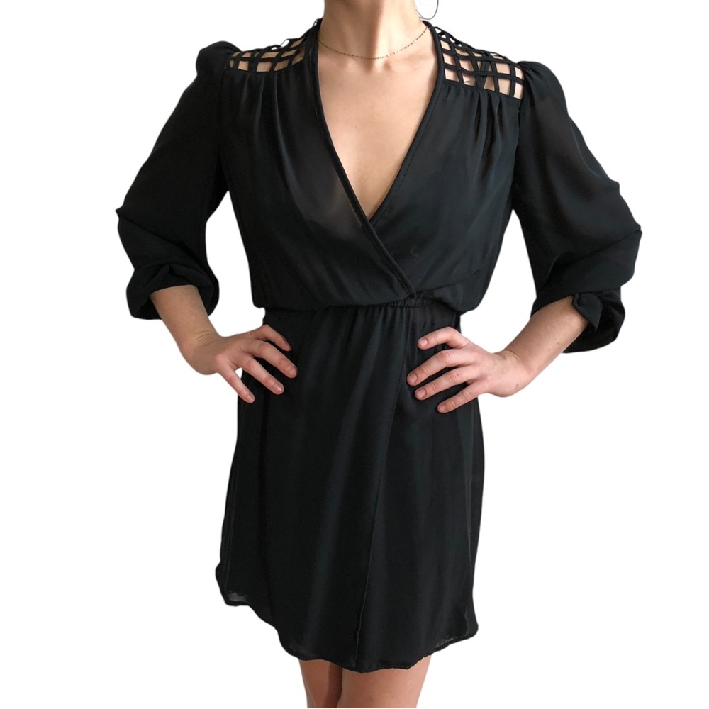 Vintage Black Sheer V-neck Mini Dress w/ Caged Style Lattice Open Back Small + - Picture 7 of 16
